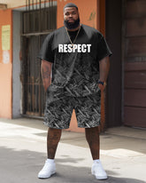 Black Gradient Texture Leaves Slogan "Respect" Printed T-Shirt Shorts Suit Men's Plus Size